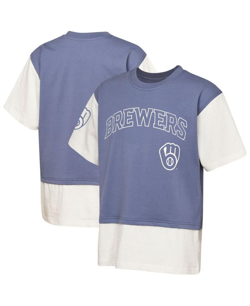 Big Boys and Girls Navy/Cream Milwaukee Brewers Ultimate Pastels Premium Double Run T-Shirt
