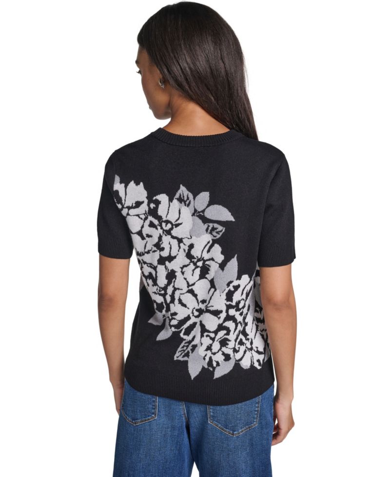 Women's Rose Crewneck Short-Sleeve Floral-Print Sweater