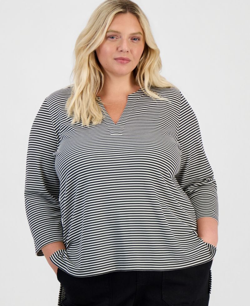 Plus Size Striped 3/4-Sleeve Split-Neck Tunic