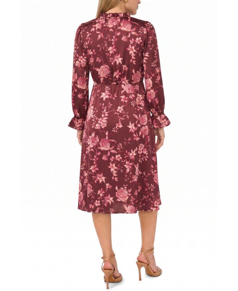 Petite Tie Neck Satin Midi Floral A-Line Dress