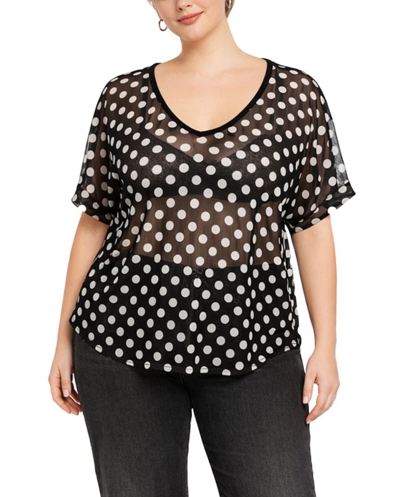 Plus Size Polka Dot Mesh Rolled-Sleeve Top