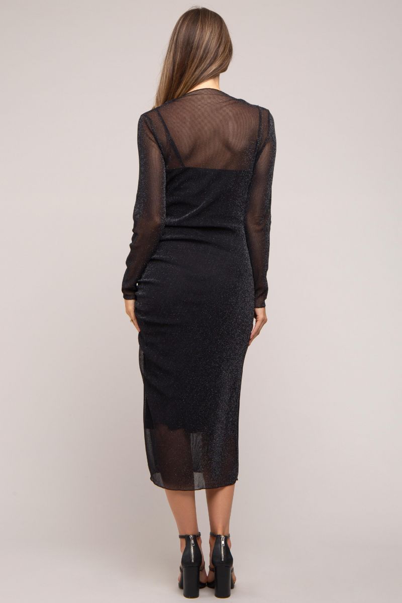 Women's Brown Shimmer Mesh Long Sleeve Ruched Midi Dress