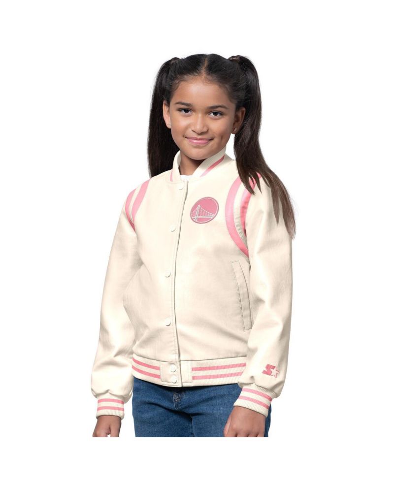 Girls Cream/Pink Golden State Warriors Underdog Leather Varsity Jacket