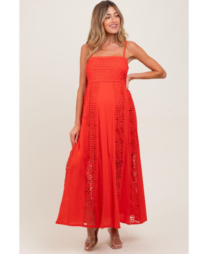 Women's Coral Red Crochet Lace Paneled Maxi Dress