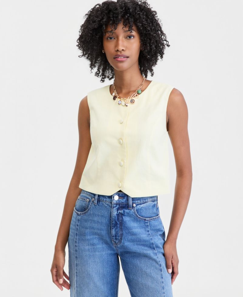 Women's Cropped Linen Blend Button-Front Vest