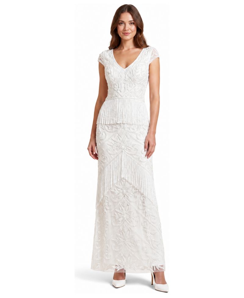 Women's Cap Sleeve Bridal Beaded Gown with Fringe