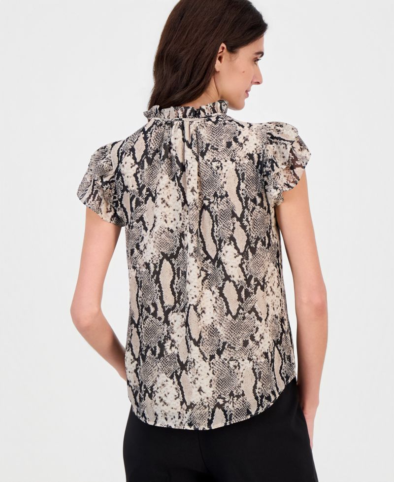 Women's Printed Ruffle-Sleeve Tie-Neck Top