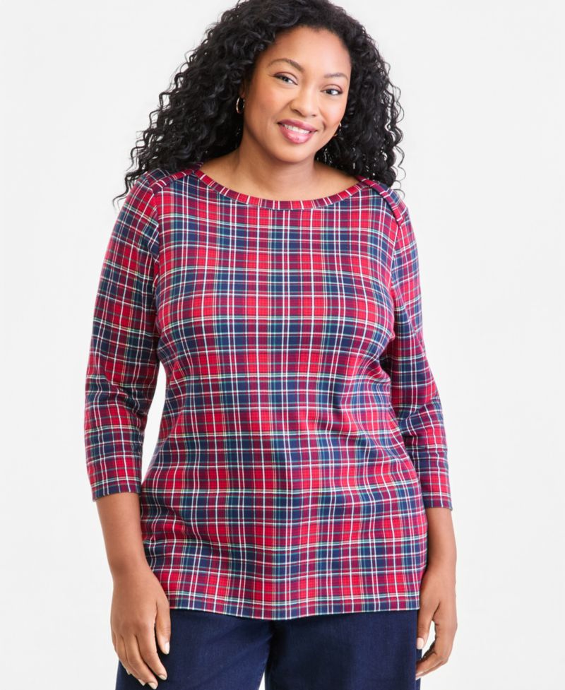 Plus Size Printed 3/4 Sleeve Boat-Neck Top