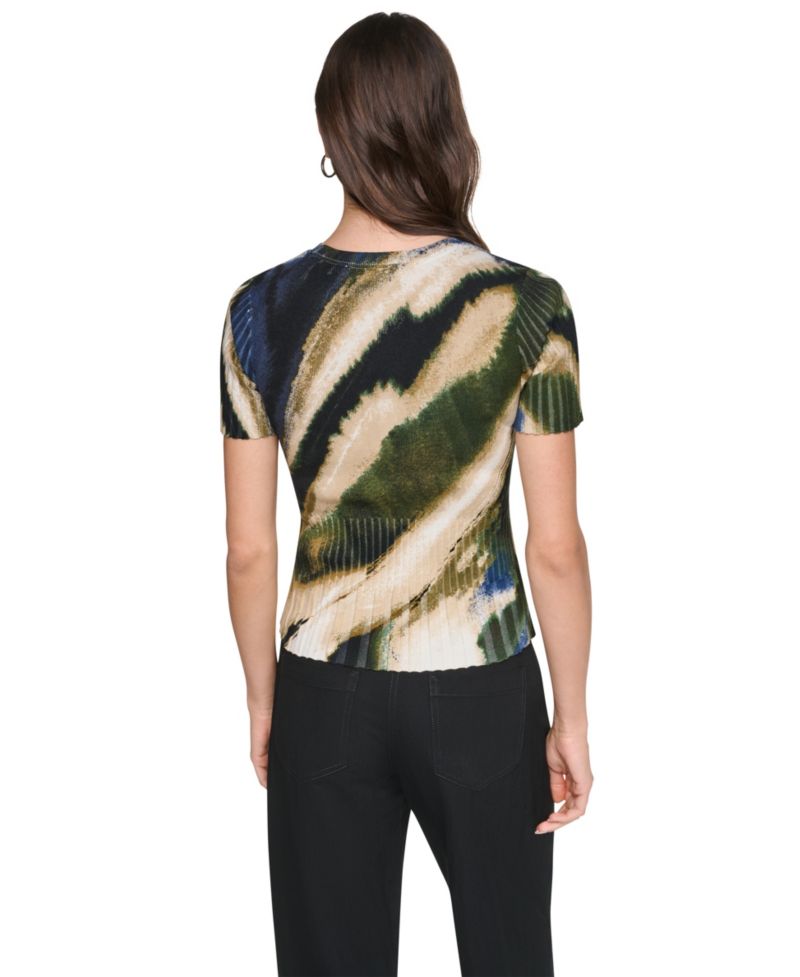 Women's Printed Rib Knit Crewneck Short-Sleeve Sweater