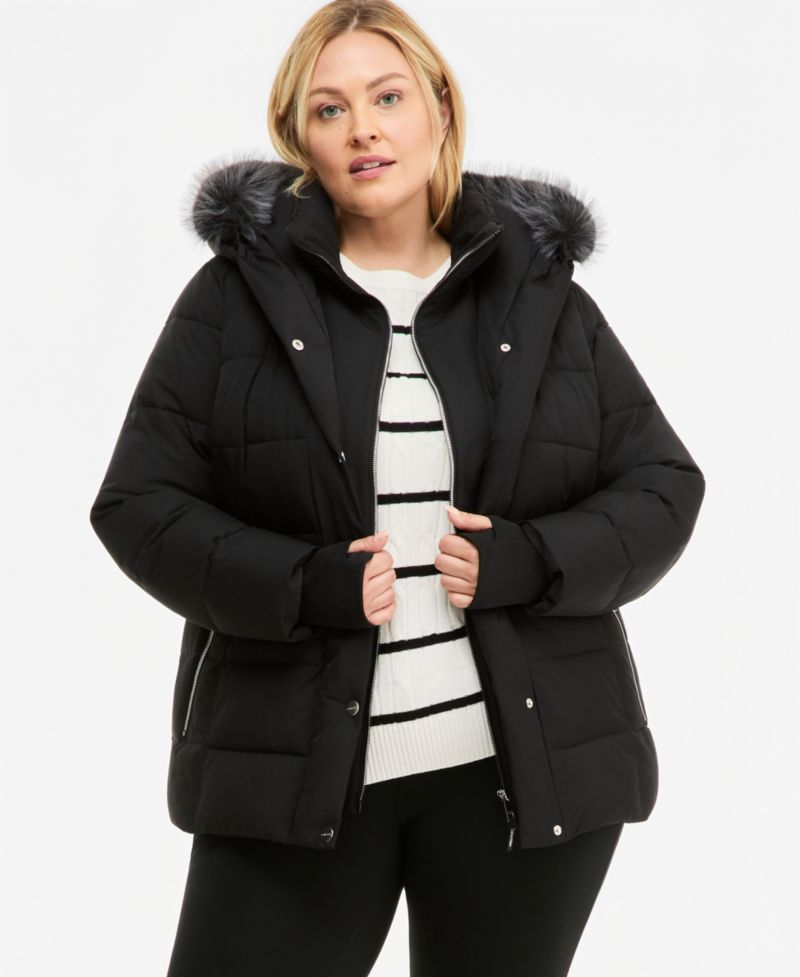 Plus Size Bibbed Faux-Fur Hooded Utility Puffer Coat