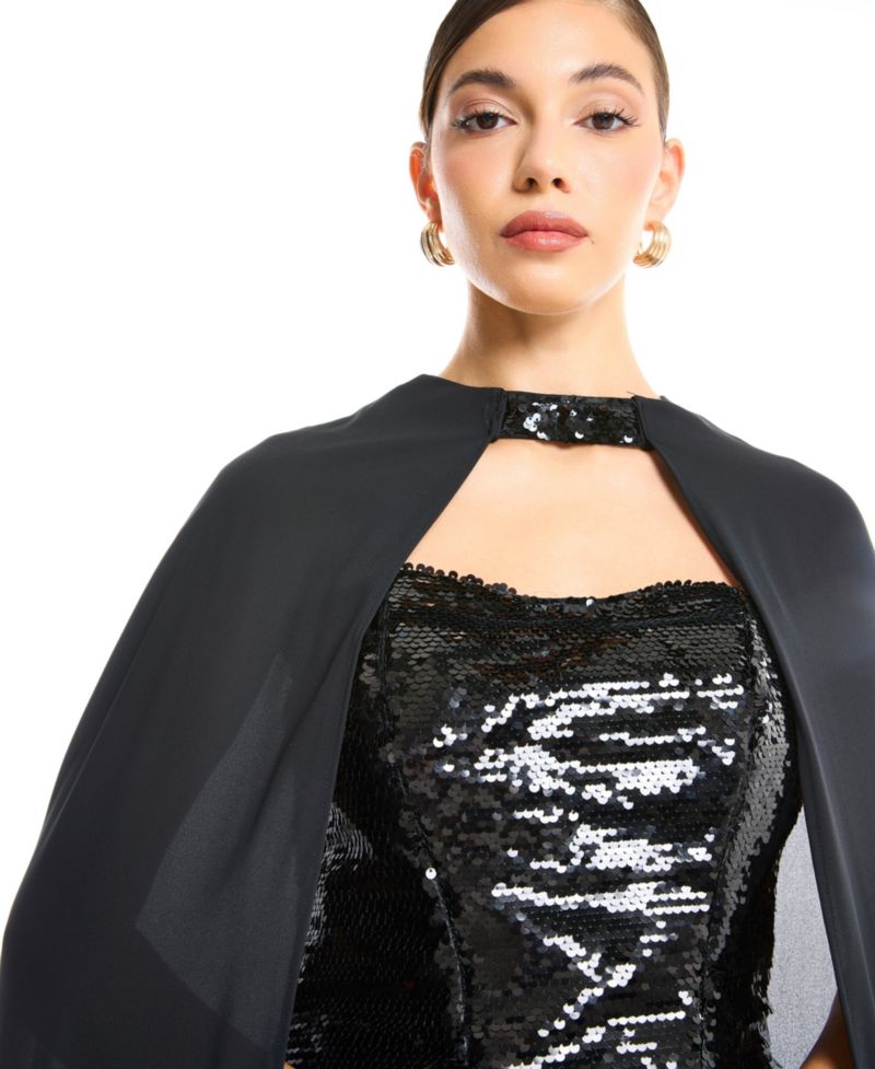 Women's Sequin Bustier Pleated Evening Gown with Detachable Cape