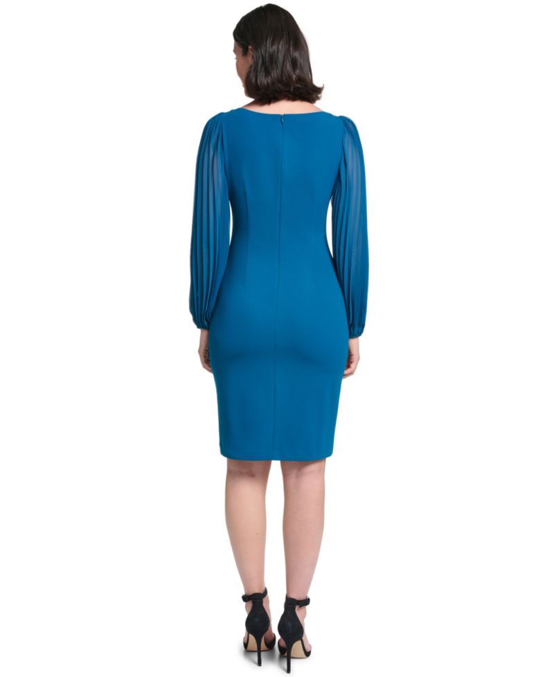 Women's Pleated Sleeve Sheath Boat Neck Dress