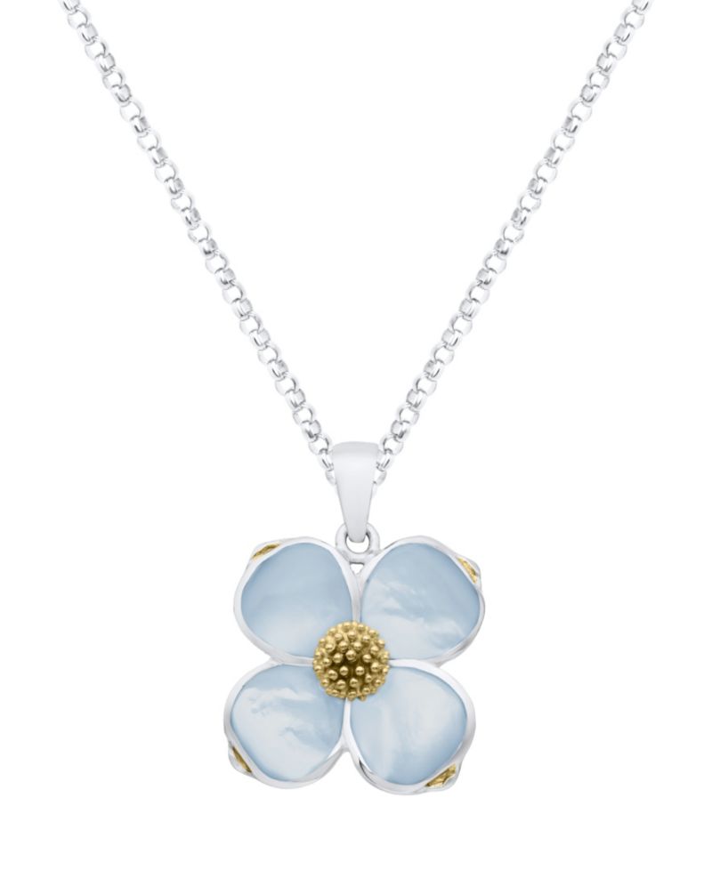 Blue Imitation Pearl Dogwood Pendant Necklace in Sterling Silver