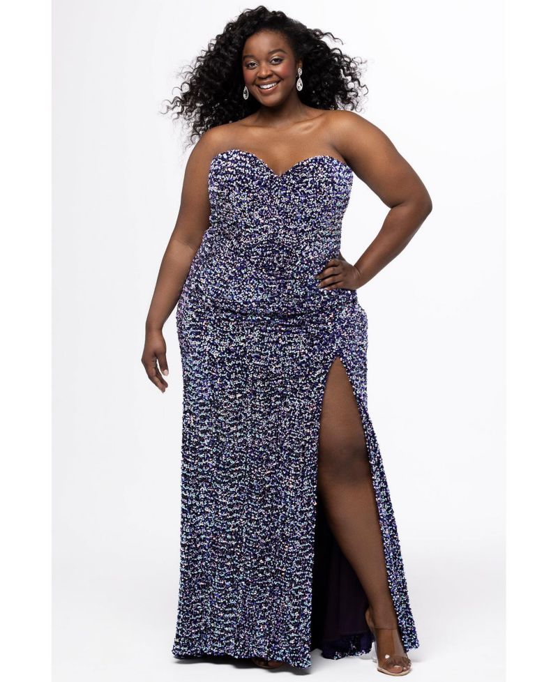 Women's Strapless Purple Multi Sequin Velvet Fitted Formal Dress with Slit