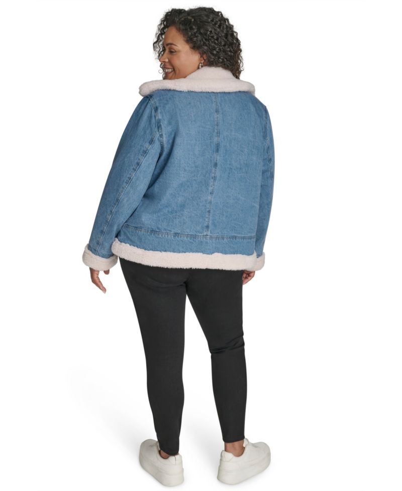 Plus Size Denim Laydown Collar Moto Jacket
