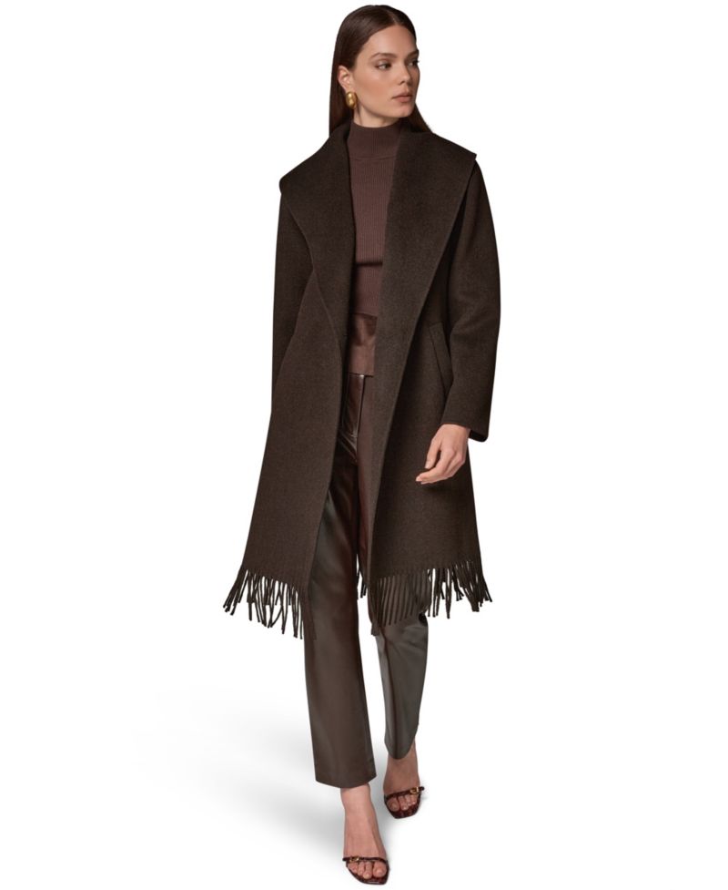 Women's Belted Fringe Wool-Blend Shawl-Collar Mid-Length Coat