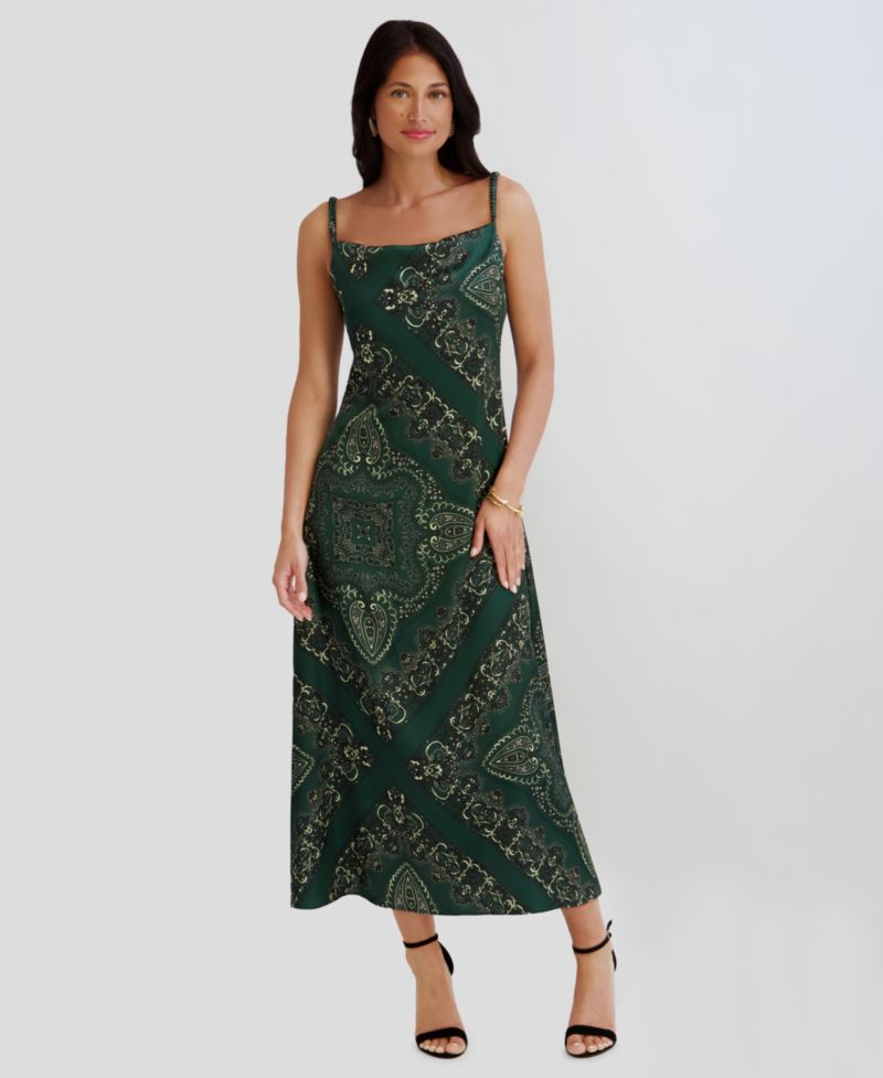 Women's Printed Cowl Neck Satin Midi Dress