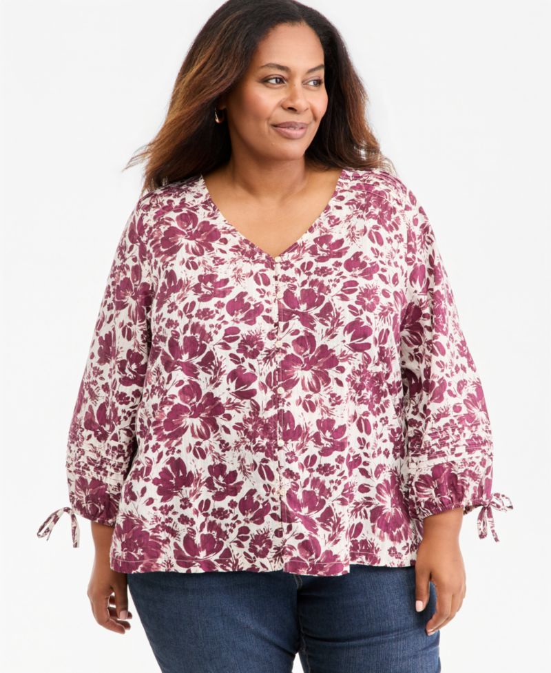 Plus Size Printed 3/4 Sleeve Lurex Top