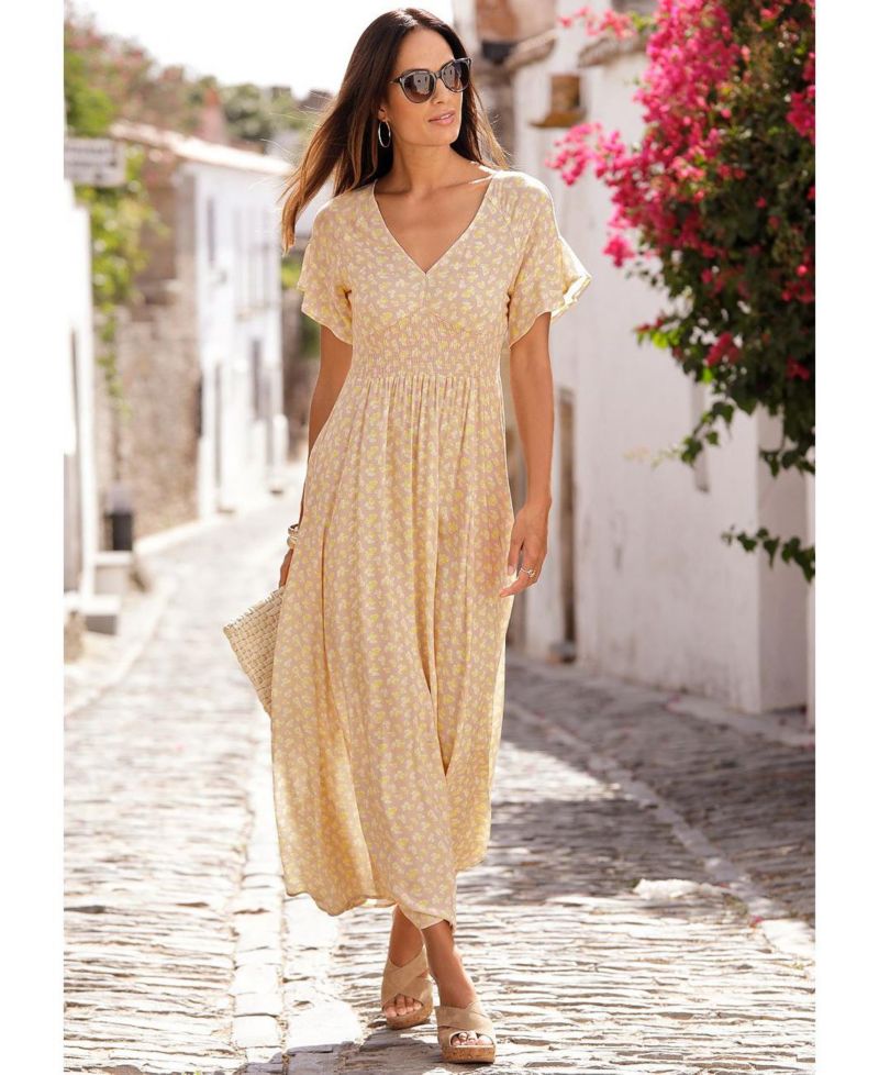 Women's Viscose Floral Print Ruffle-Trim Style V-Neck Maxi Dress