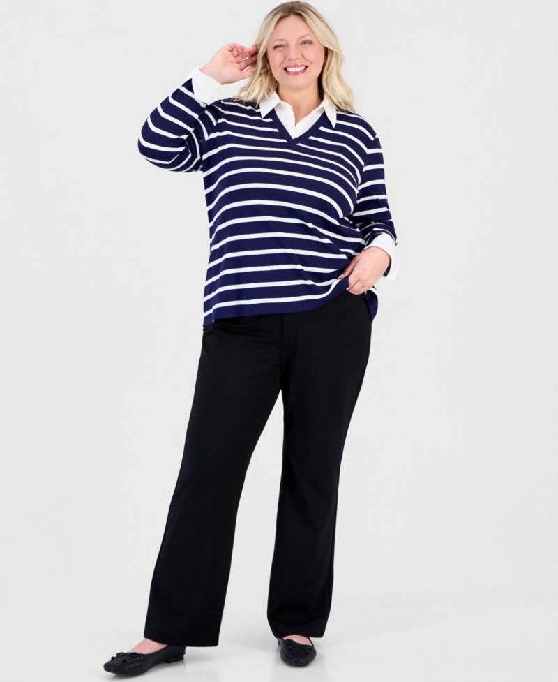 Petite Long-Sleeve Striped V-Neck T-Shirt
