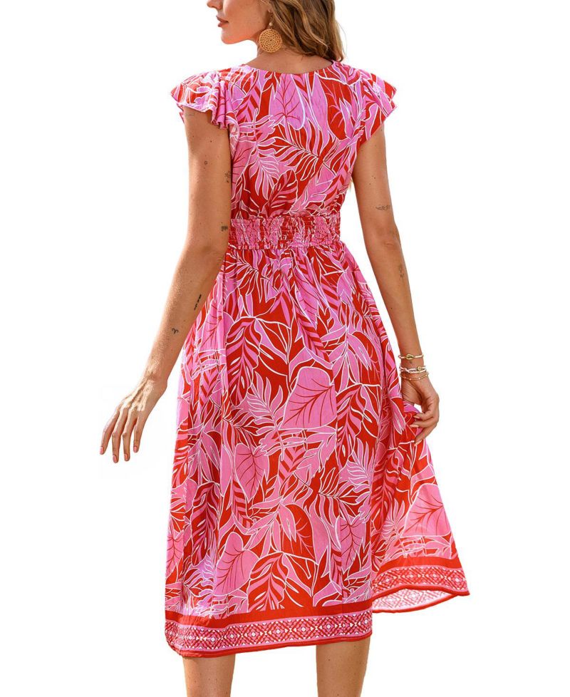 Women's Printed V-Neck Flutter Sleeve Beach Dress