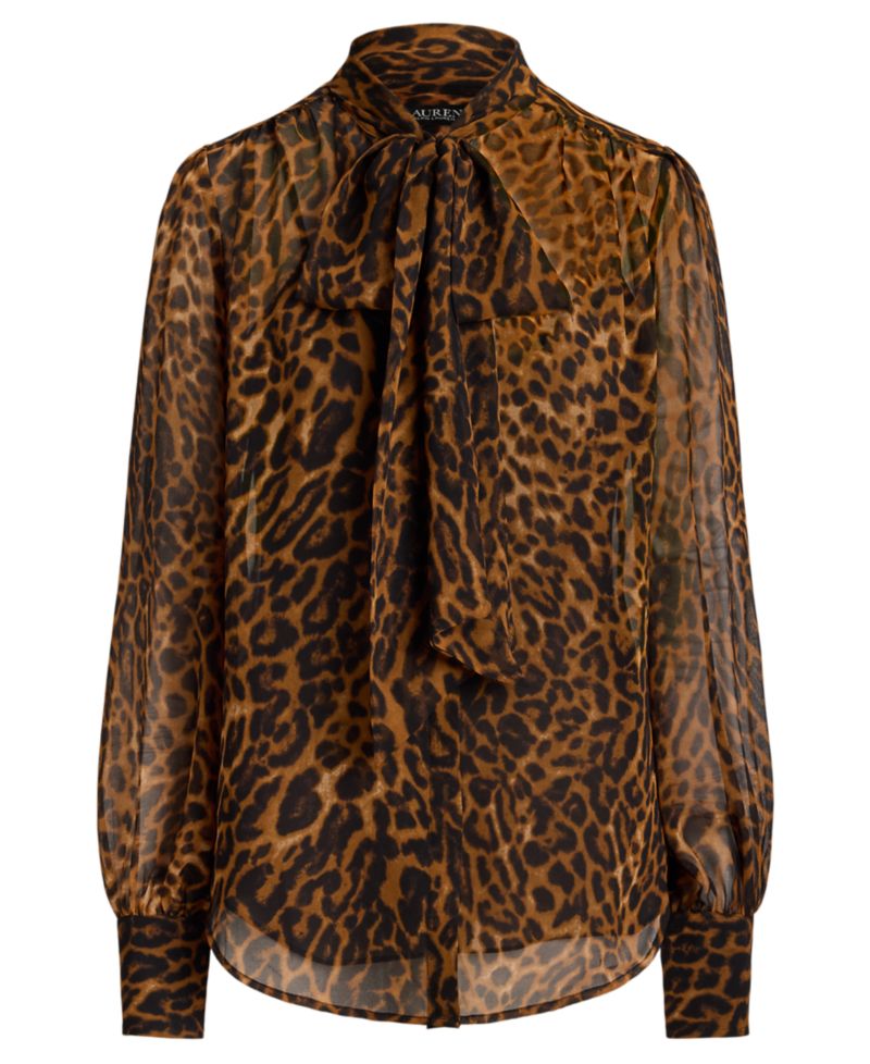 Petite Ocelot-Print Chiffon Tie-Neck Blouse