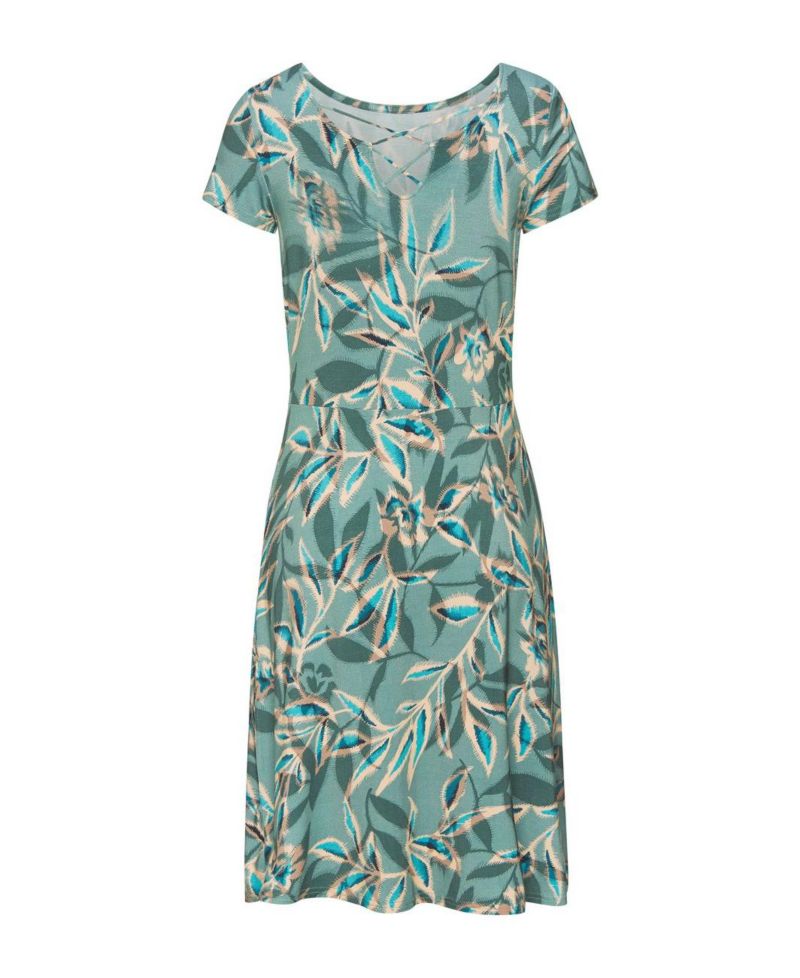 Women's Viscose Tropical Print Lace Up Detail A-Line Short Dress