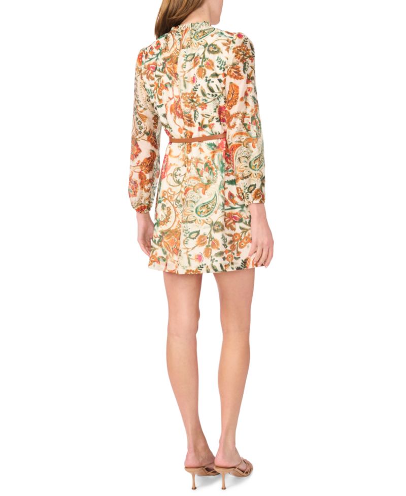 Women's Pleated Floral Long-Sleeve Mini Dress