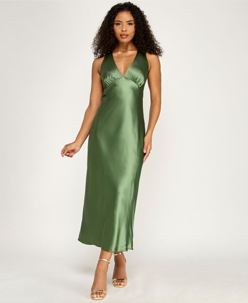Juniors' V-Neck A-Line Satin Dress