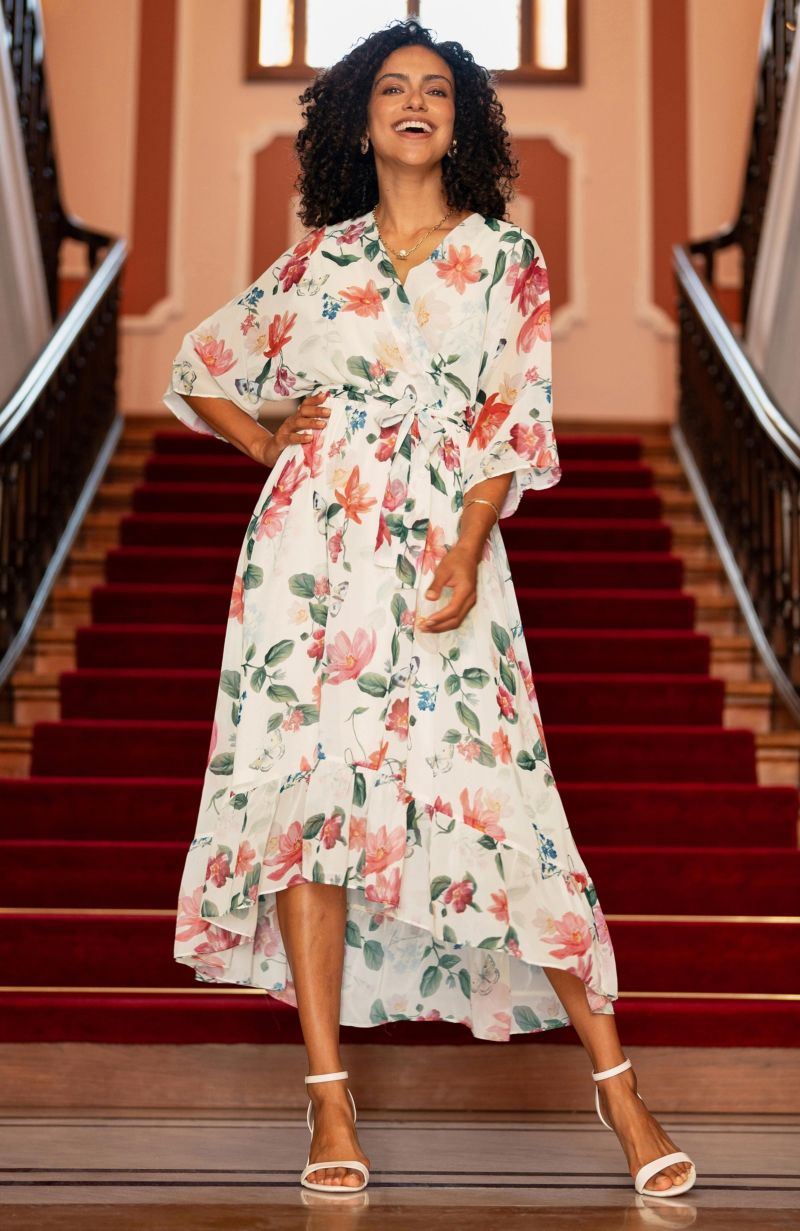 Women's Floral Dip Hem Wrap Midi Dress