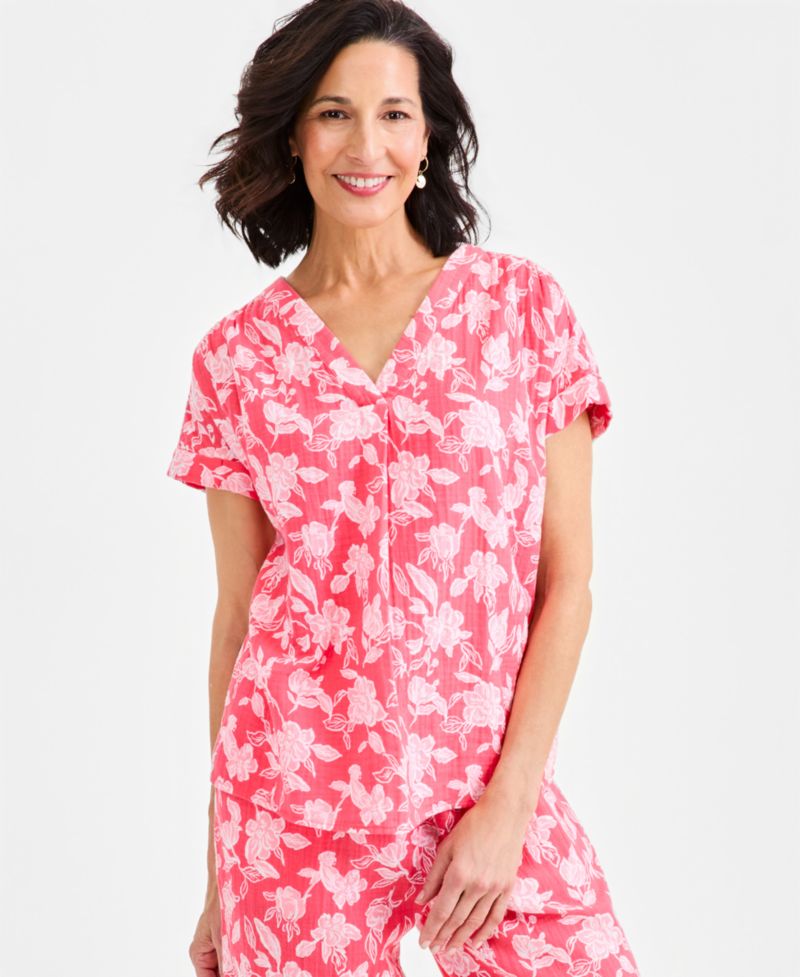 Petite Cotton Gauze V-Neck Short-Sleeve Top