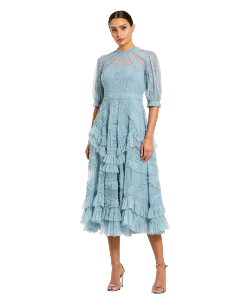 Petite Illusion High Neck Tiered Ruffle A-Line Midi Dress