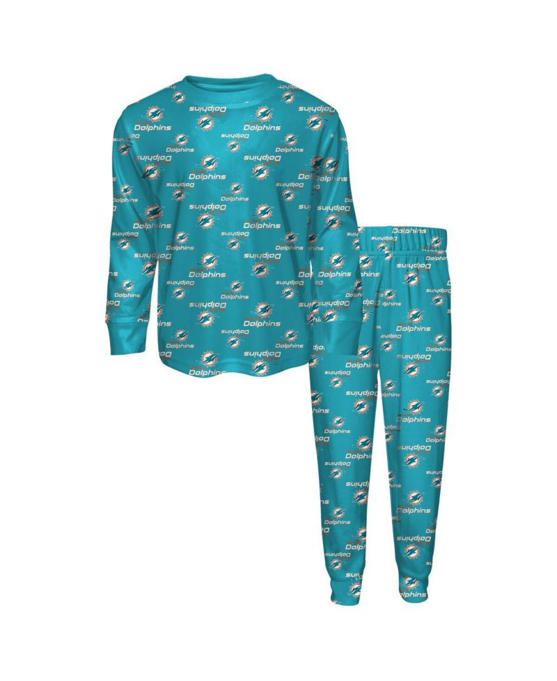 Big Boys and Girls 2-Piece Aqua Miami Dolphins All-Over-Print Long Sleeve T-Shirt and Pants Sleep Set