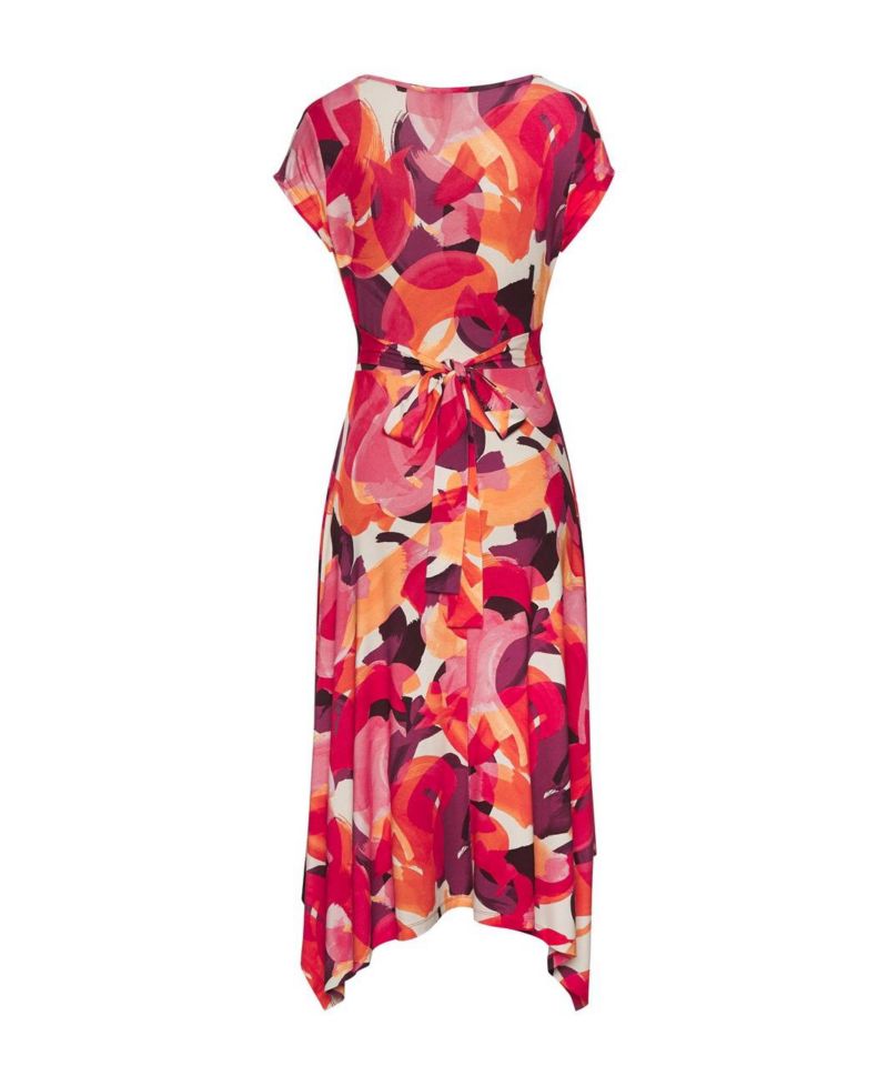 Women's Viscose Printed Handkerchief V-Neck Tie-Waist Midi Dress