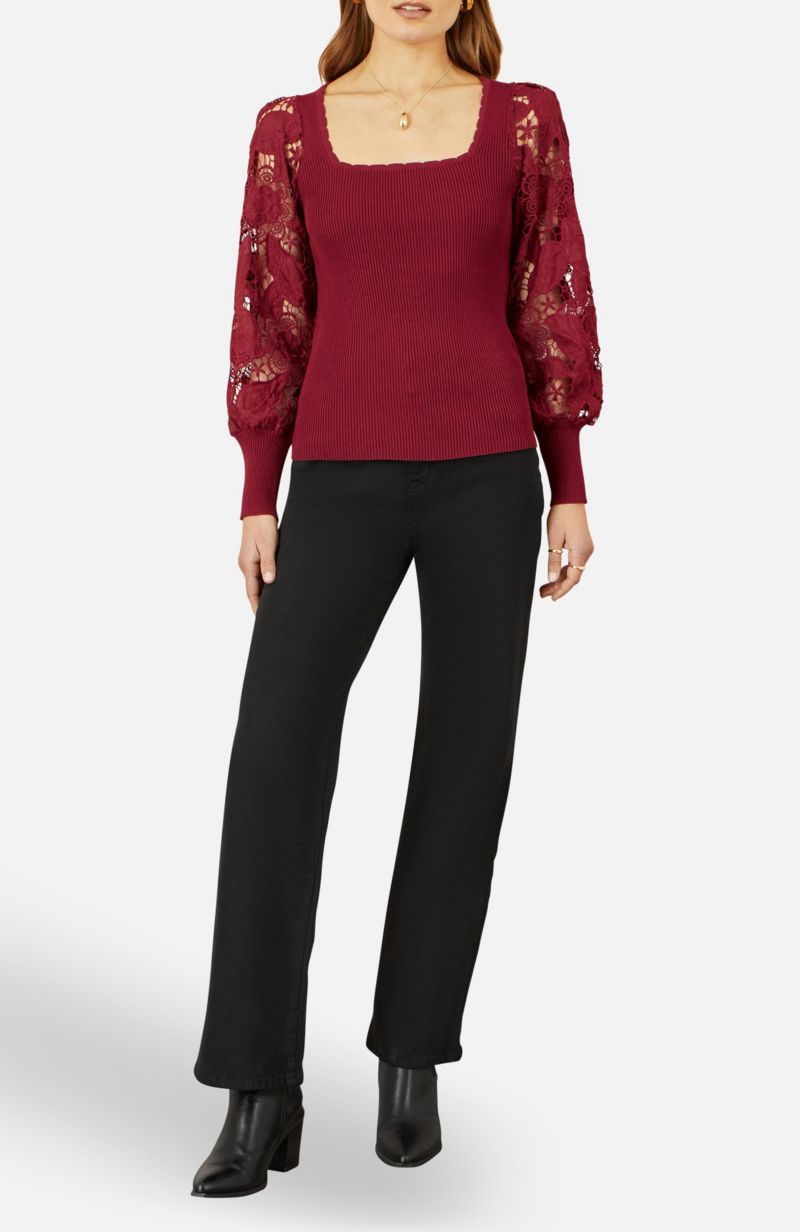 Women's Ribbed Knitted Lace Sleeve Sweater