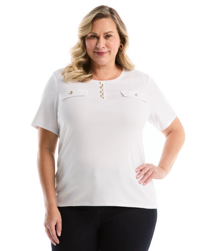 Plus Size Welt Pocket Button Detail Short-Sleeve Top