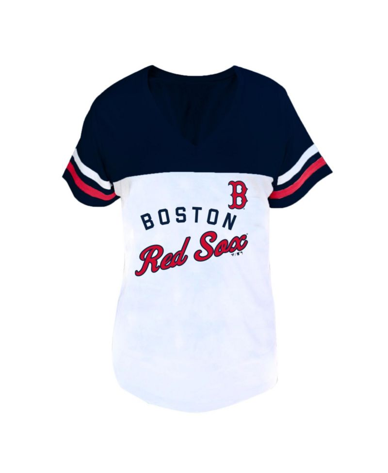 Women's White/Navy Boston Red Sox Plus Size Two-Stripe V-Neck T-Shirt