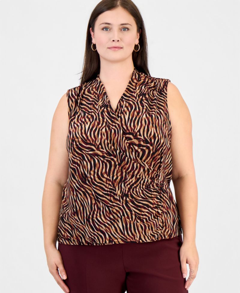 Plus Size Animal-Print Sleeveless Wrap Top