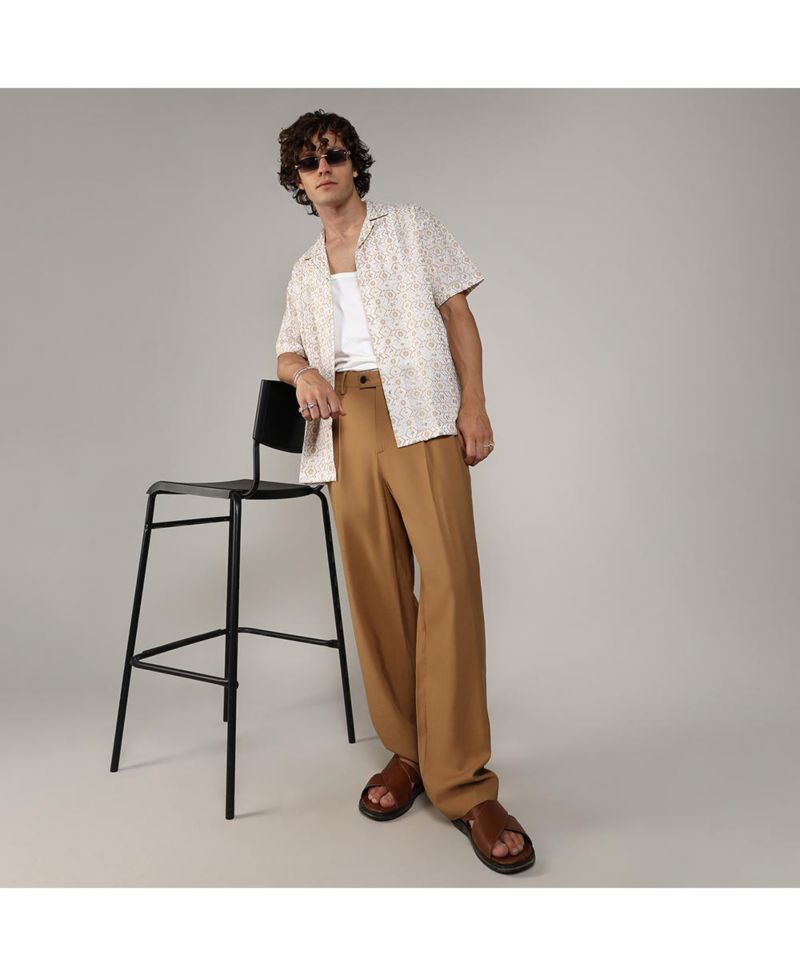 Men's Off-White & Beige Embroidered Geometric Shirt