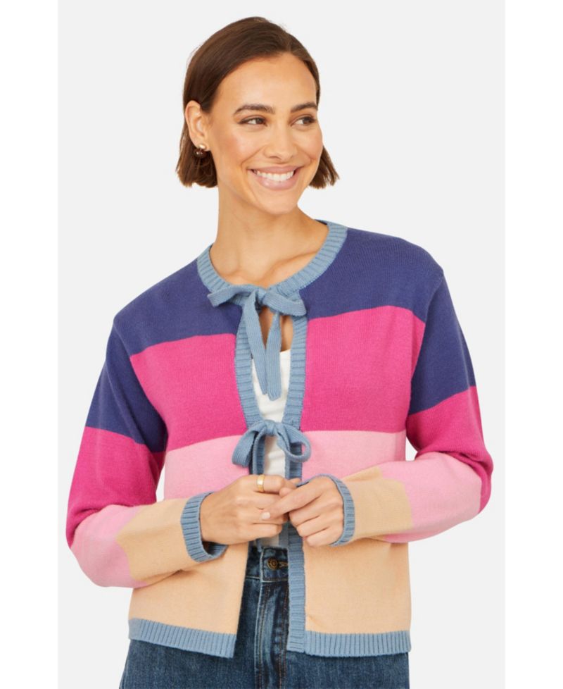 Women's Block Stripe Tie Front Cardigan
