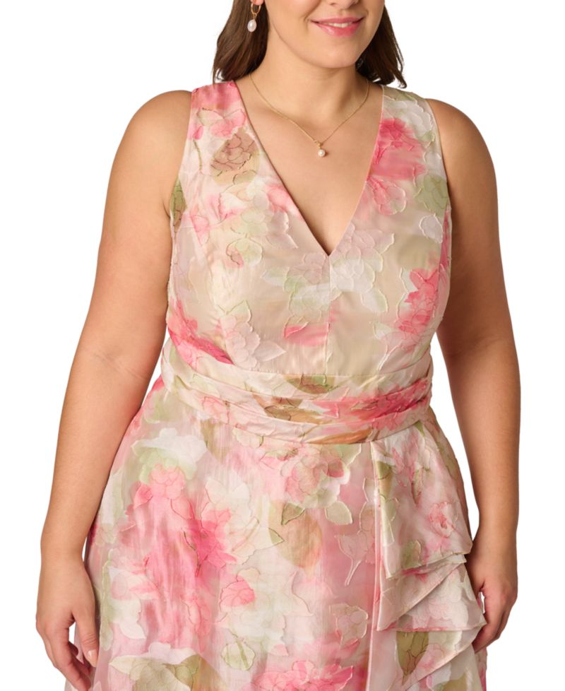 Plus Size Cascade Organza V-Neck Midi Dress