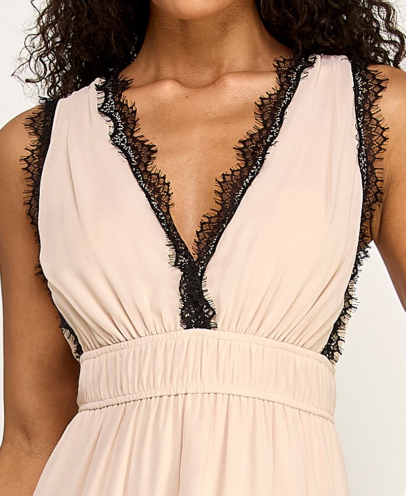 Juniors' Sleeveless V-Neck Deep Plunge Lace Trim Dress