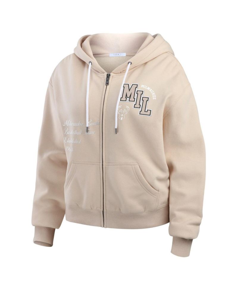 Women's Cream Milwaukee Bucks Plus Size Tonal Felt Patch Full-Zip Hoodie