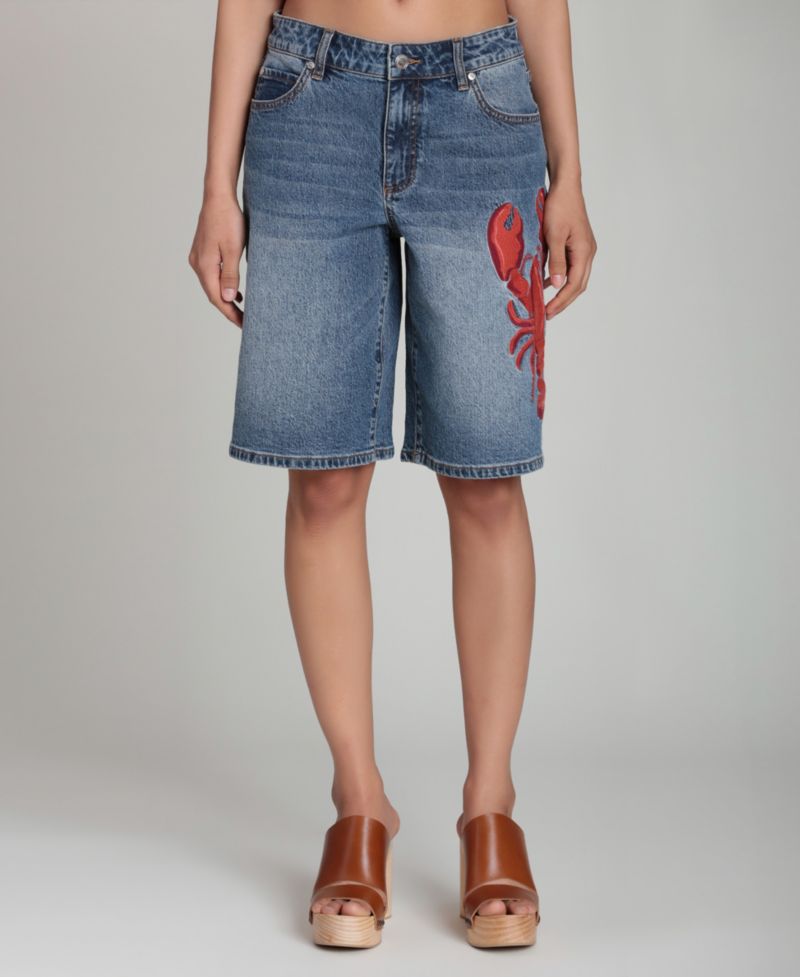 Women's Mid-Rise Lobster Embroidered Denim Shorts