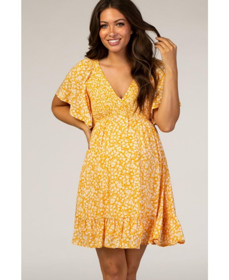 Women's Yellow Floral Smocked Ruffle Dress