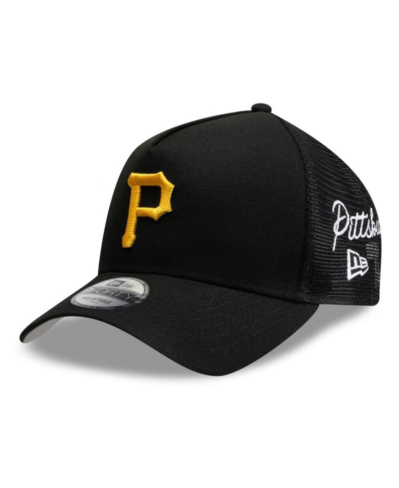 Men's Black Pittsburgh Pirates Side Script 9FORTY A-Frame Trucker Adjustable Hat