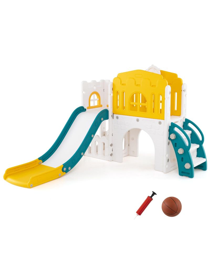9 in 1 Toddler Slide L Shaped Kids Slide and Climber Playset w/ Basketball Hoop