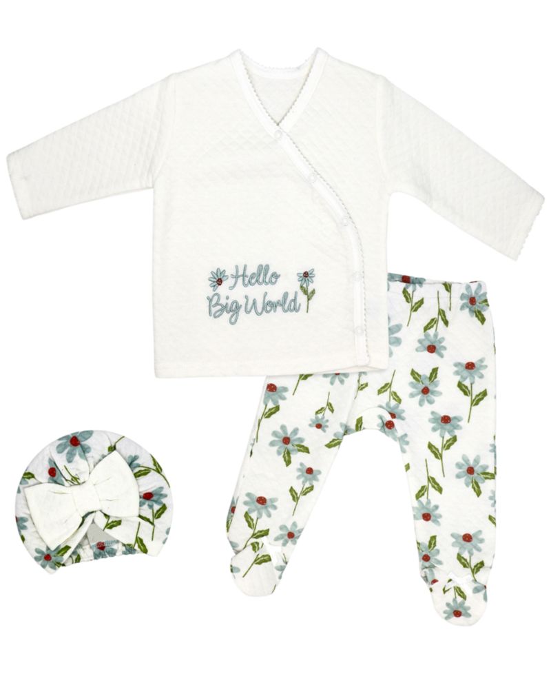 Baby Girls' Long-Sleeve Top, Pant and Cap, 3-Piece Set