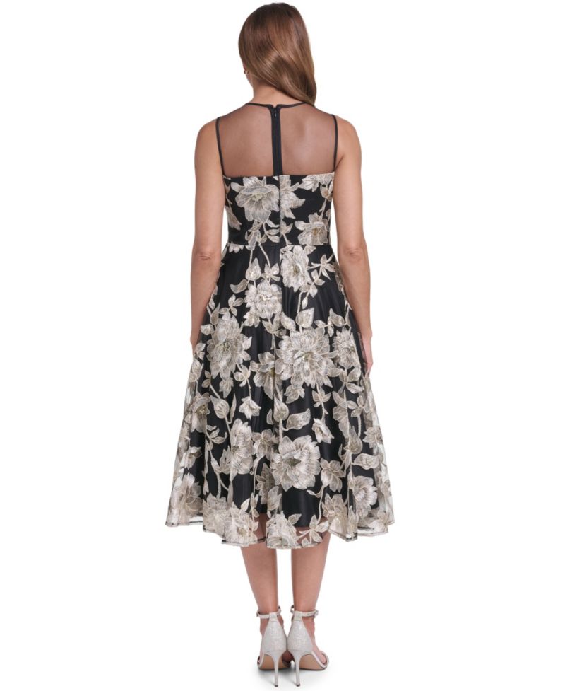 Women's Petite Lace Fit & Flare Floral Midi Dress