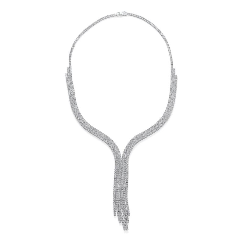 Art Deco Style Y Fringe Tassel Collar Statement Necklace CZ Silver Plated